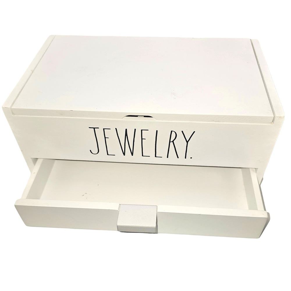 Rae Dunn White Wooden Jewelry Box Organizer with Mirror & Drawer Farmhouse Style